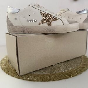 Golden Goose Cream and Gold Glitter Star Sneakers